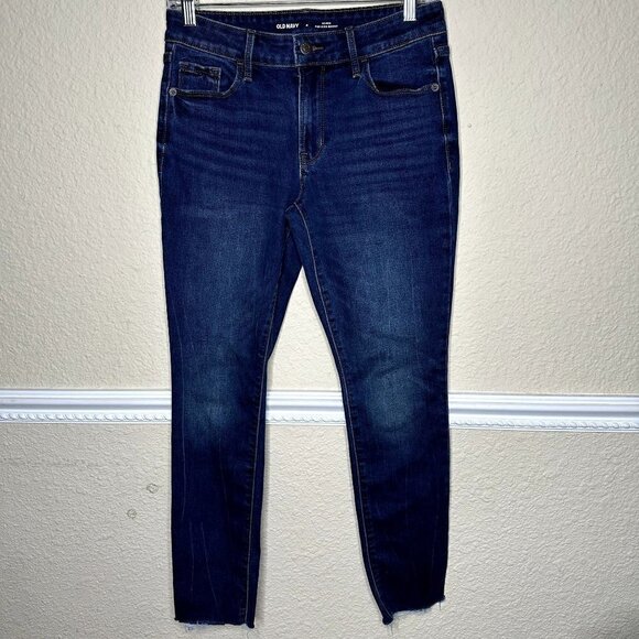 Old Navy Pop Icon Skinny Mid Rise SZ 4 Dark Wash Stretch Jeans Raw Hem - Picture 1 of 7